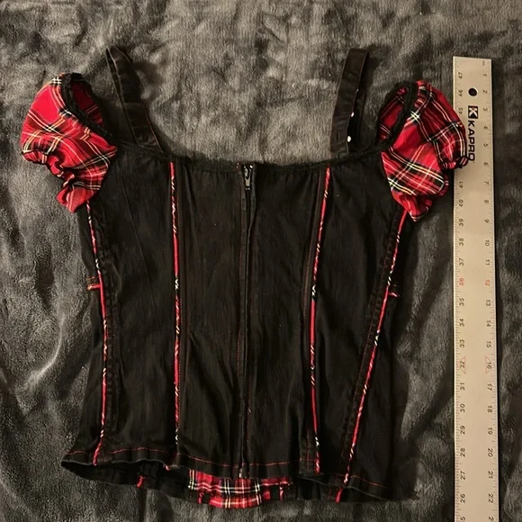 Tripp Black Corset Top with Red Plaid Accents - Picture 3 of 3